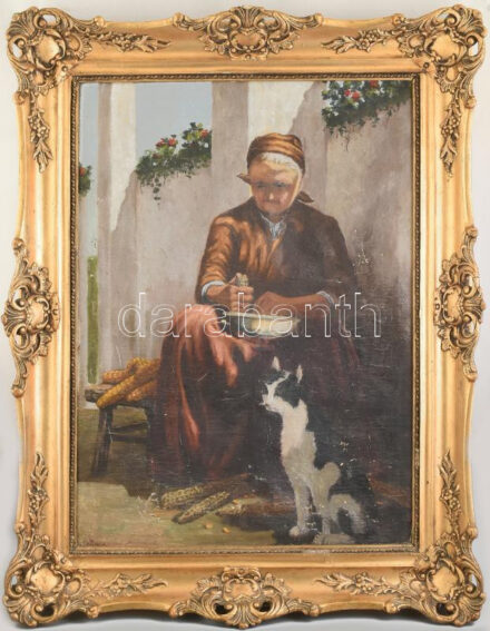 Baranyai Molnár jelzéssel: Hölgy macskával. Olaj, vászon, erősen sérült!!!, Dekoratív keretben. 80x60cm