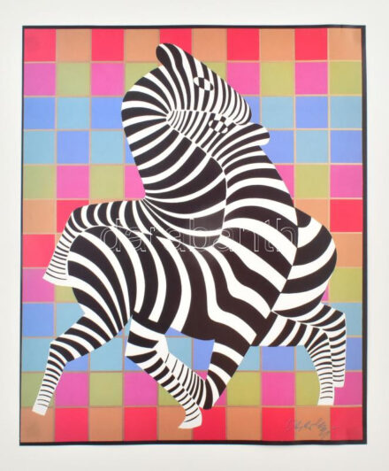 Vasarely Victor (1908-1997): Zebrák. Ofszet, papír, jelzett a nyomaton, papírra kasírozva, 33×27,5 cm