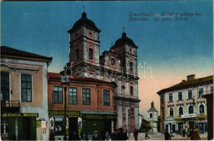 Ivano-Frankivsk, Stanislawów, Stanislau; Katedra grecko-kat. / Greek Catholic church, shops of Stanger, Wollisch, Leon Schwarzfeld, Magazyn nowosci