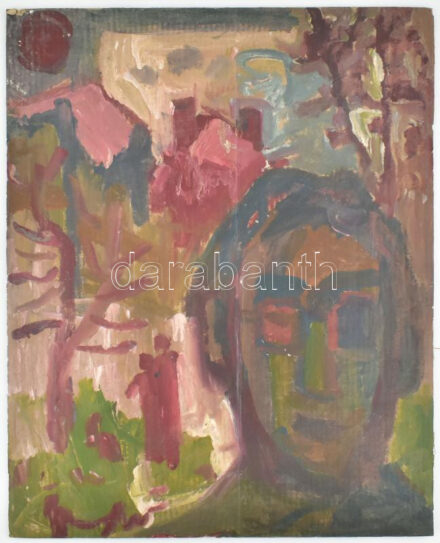 Csepeli Németh Miklós (1934-2012): Arckép sétálókkal. Olaj, karton, jelezve középen lent. 59x48 cm
