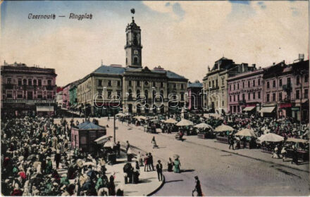 Chernivtsi, Czernowitz, Cernauti, Csernyivci (Bukovina, Bukowina); Ringplatz / market square, Hotel, Cafe and restaurant, Kats & Sass, Heinrich Sause, shops
