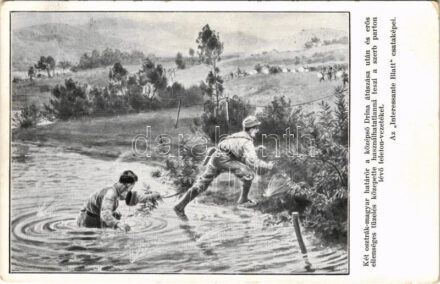 Két osztrák-magyar határőr a középső Drina átúszása után és erős ellenséges tüzelés közepette használhatatlanná teszi a szerb parton lévő telefonvezetéket. Az 'Interessante Blatt' csataképei / WWI Austro-Hungarian K.u.K.