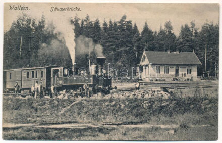 Volary, Wallern; Gasthaus Säumerbrücke / restaurant and hotel, railway line, locomotive, train (Rb)