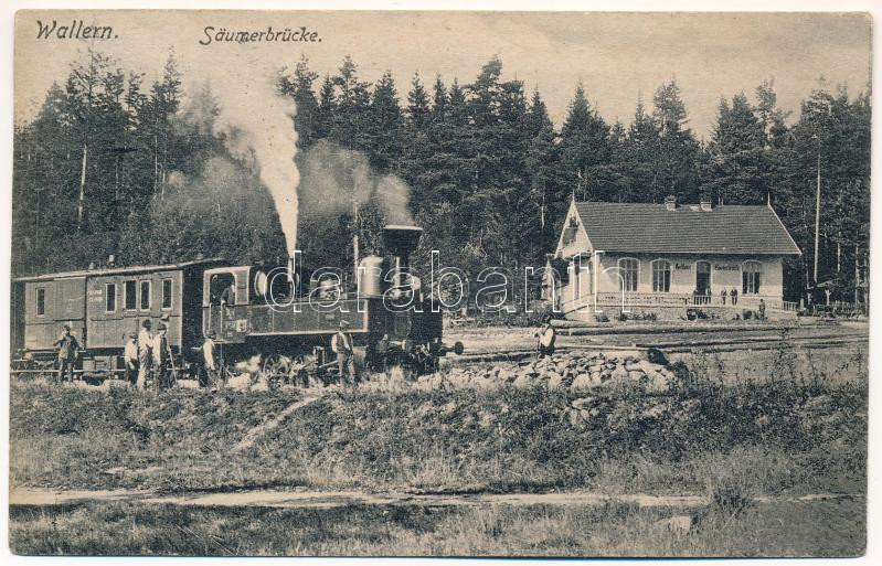 Volary, Wallern; Gasthaus Säumerbrücke / restaurant and hotel, railway line, locomotive, train (Rb)