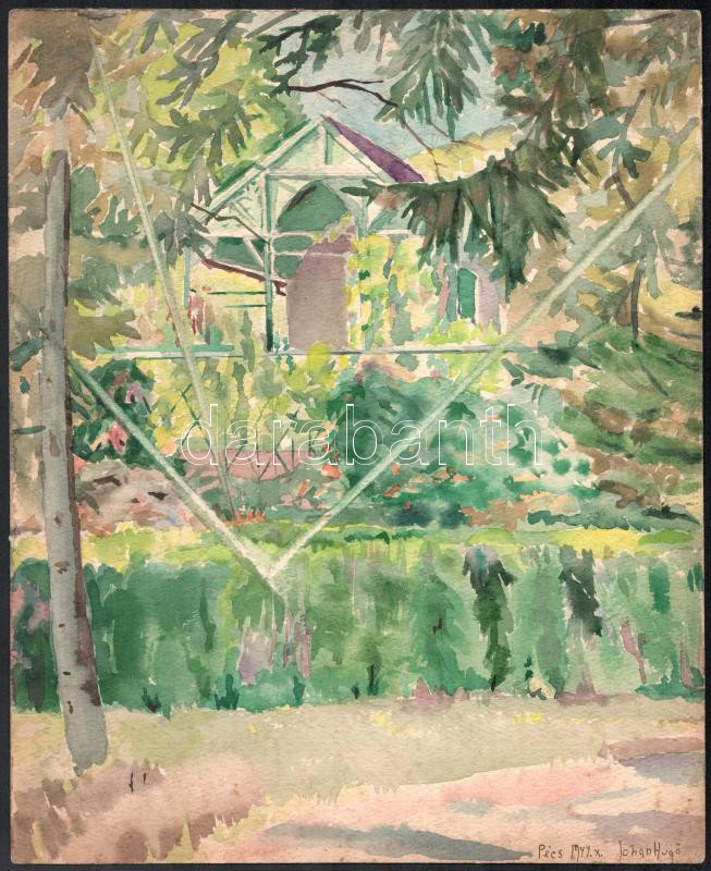 Johan Hugó (1891-1956): Pécsi kert, 1944. Akvarell, papír, jelzett. Proveniencia: Johan Hugó hagyatéka. 30x24,5 cm. / watercolour on paper, signed. Provenance: from the estate of the artist.