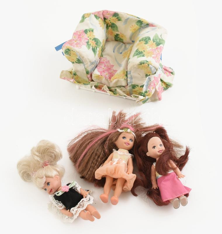 cca 1990 Mattel Barbie kis baba figurák 3 db 12 cm + eredeti Barbie fotel