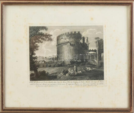 Francesco Morelli (1767 k.- 1830k.): Veduta del Seporo di Cecilia Metella ... (Róma környéke). Rézmetszet, papír, jelzett a metszeten. 1816 körül. Kissé foltos. Üvegezett fakeretben. 18x23 cm.