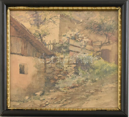 Gerhardtné (?-?), működött a XIX. sz. végén/XX. sz elején: Virágzó utcarészlet. Akvarell, papír. Jelzett. Üvegezett fakeretben. 18x18 cm