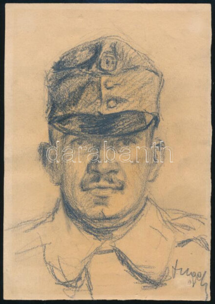 Olvashatatlan jelzéssel: Katona portréja. Ceruza, papír, lapszéli kisebb szakadással, 21,5×15 cm