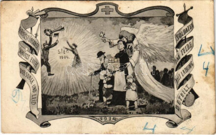 1916 Sieg 1914 - Kriegsfürsorge schützt euch vor Sorge und Leid, Soldaten im Felde mit Labung beteilt / Első világháborús osztrák-magyar katonai propaganda / WWI K.u.k. military propaganda. Prokopp Comp. Art Nouveau (EK)
