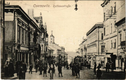 1916 Chernivtsi, Czernowitz, Cernauti, Csernyivci; Rathausstrasse, Apotheke / town hall's street, tram, pharmacy (EK)