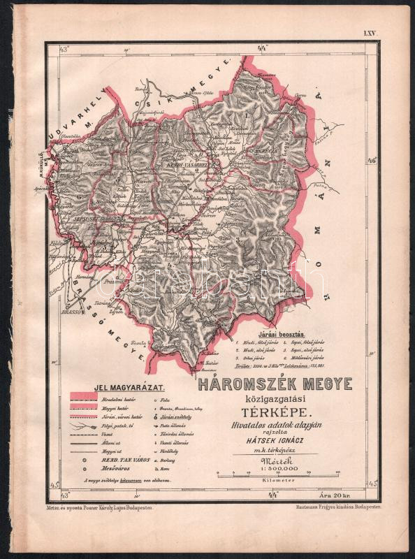 1880 Hátsek Ignác (1827-1902): Háromszék megye közigazgatási térképe, rajta Sepesiszentgyörgy, Kézdivásárhely, Bereczk és más települések, 1:500.000, Bp., Rautmann Frigyes,(Posner Károly Lajos-ny.), 31x22 cm, teljes: 37x26 cm