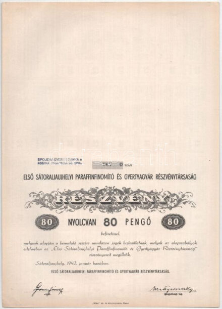 Sátoraljaújhely 1942. 'Első Sátoraljaújhelyi Paraffinfinomító és Gyertyagyár Részvénytársaság' részvénye 80P-ről, bélyegzéssel, szelvényekkel T:AU