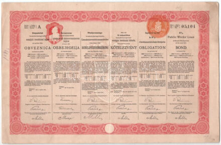 Ausztria / Szarajevó / Bécs 1914. '1914. évi öt százalékos bosnyák-hercegovinai országos beruházási kölcsön' bemutatóra szóló kötvénye 480K-ról, szárazpecséttel, bélyegzéssel, szelvényekkel T:VF Austria / Sarajevo / Wien