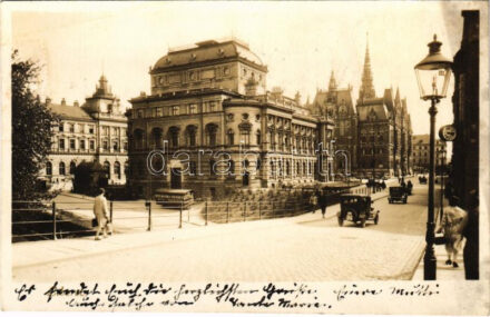 1937 Liberec, Reichenberg; Radnice, Divadlo / town hall, theatre, automobiles (fl)