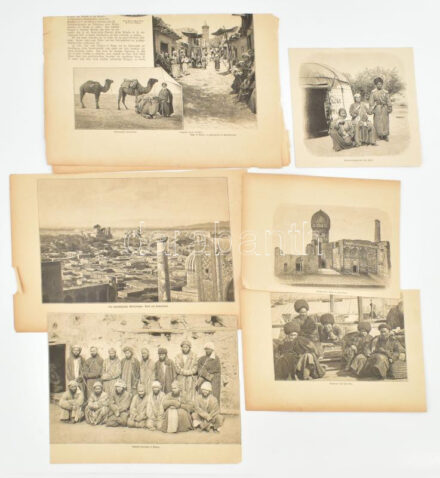 6 db metszet türkménekről, XIX. sz. vége, az Über Land und Meer c. német ny. lapból. Rotációs fametszet, papír, egyik lapon szakadással. Klf. méretekben / Turkman people, 6 woodcuts, late 19th century
