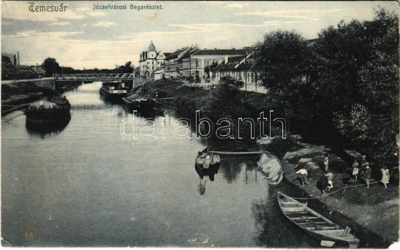 1906 Temesvár, Timisoara; Józsefvárosi Béga részlet, híd, uszályok / riverside, bridge, barges (EM)