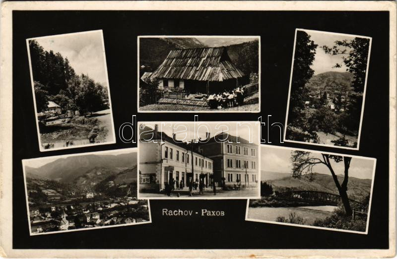1939 Rahó, Rachov, Rahiv, Rakhiv; részletek / multi-view postcard + 'M. KIR. POSTA 345' mozgóposta bélyegző (EK)