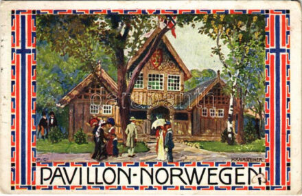 1910 Wien, Vienna, Bécs; Erste Internationale Jagdausstellung. Pavillon Norwegen / The First International Hunting Exposition in Vienna, Norwegian pavilion. Advertisement art postcard. Art Nouveau s: H. Kalmsteiner (worn corners)