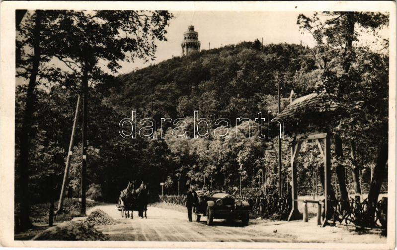 1941 Budapest XII. Jánoshegy, Erzsébet kilátó, Erber János erdész vendéglője, automobil, lovaskocsi