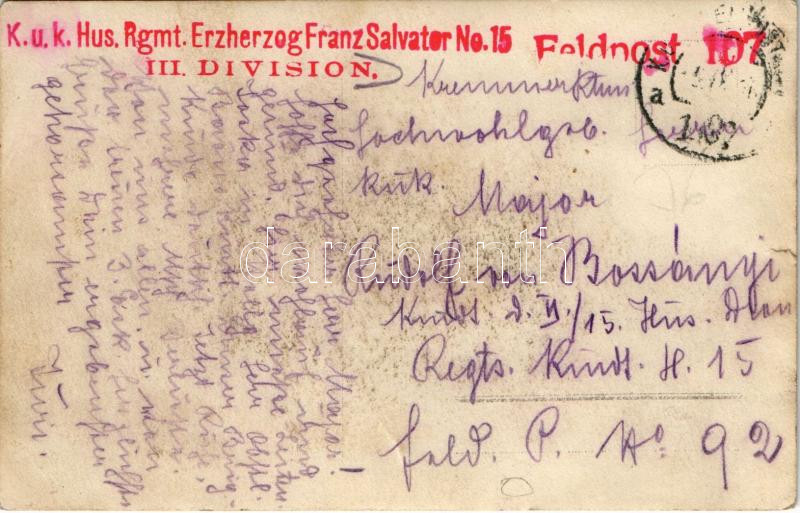 Erdőben álcázott sátortábor, katonák és a menázsi szárnyasok / WWI Austro-Hungarian K.u.K. military camp camouflaged in the forest, soldiers and the food supply poultry. photo + 'K.u.K. Hus. Rgmt. Erzherzog Franz Salvator No. 15. III. - Image 2