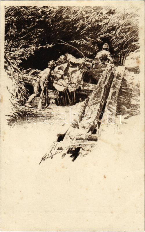 Járőr lesben. Kiadja a m. kir. 10. honvéd gyalogezred az özvegy- és árvaalap javára. Herbst műnyomása. Kövér Gyula hadnagy rajza / WWI Austro-Hungarian K.u.K. military art postcard (lyukak / pnholes)