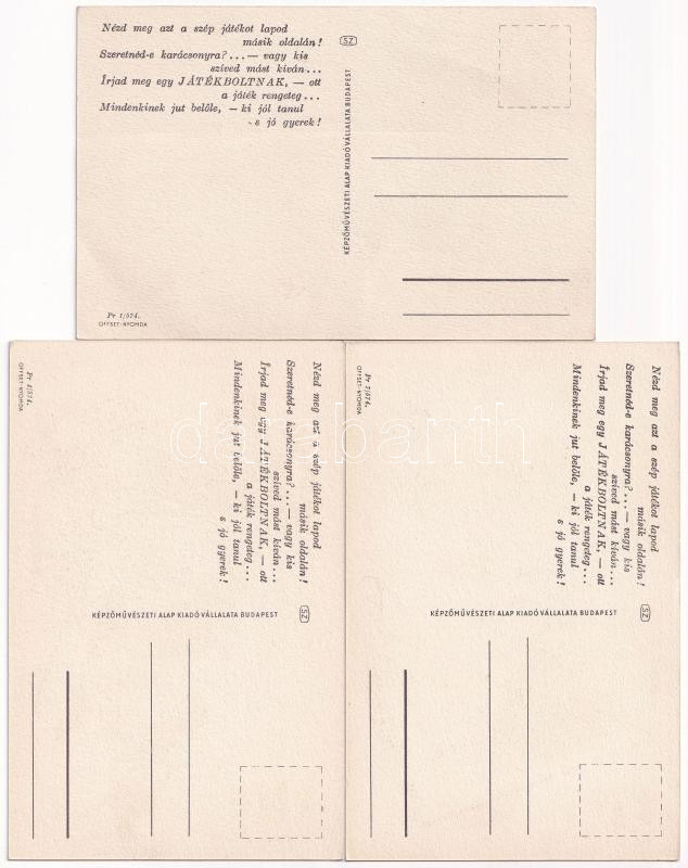 Sport-, Hangszer- és Játékáru Nagykereskedelmi Vállalat reklámlapja. Képzőművészeti Alap Kiadóvállalat / Hungarian toy store advertising card - 3 db MODERN reklám képeslap / 3 MODERN advertisement postcards - Image 2