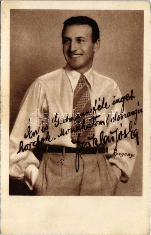 'Én is Gutmann féle inget hordok. Mondhatom elsőrangú' Sziklai József színész. Rozgonyi felvétele. Gutmann J. és Társa reklámja. Budapest VII. Rákóczi út 16. / Hungarian men's clothing store advertisement card (EK)