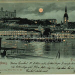 1899 (Vorläufer) Pozsony, Pressburg, Bratislava; látkép éjjel, vár, gőzhajó / general view at night, castle, steamship (vágott / cut)