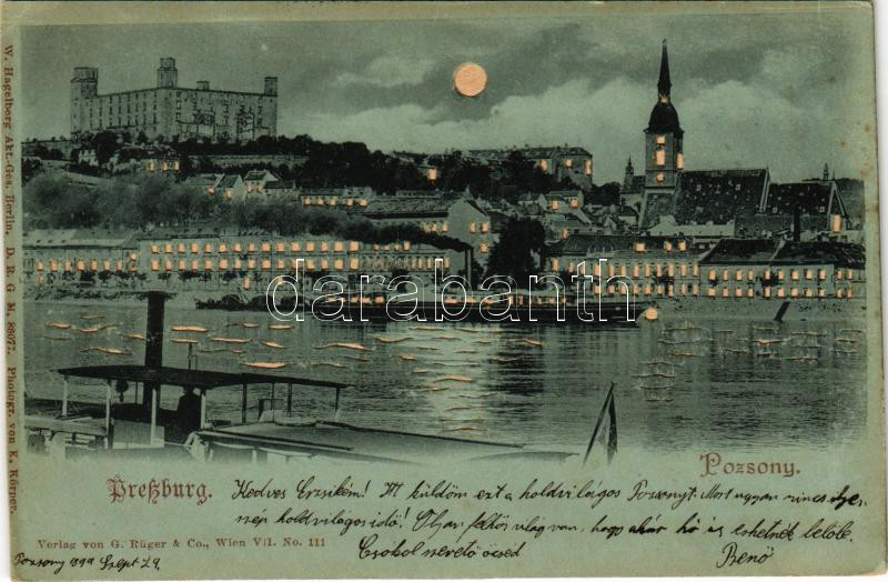 1899 (Vorläufer) Pozsony, Pressburg, Bratislava; látkép éjjel, vár, gőzhajó / general view at night, castle, steamship (vágott / cut)