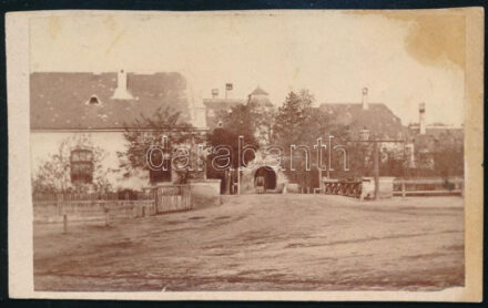 cca 1870 Mosonmagyaróvári utcakép, Skopáll Műterem jelzés nélküli fotója, az egyik sarka foltos, 6x10 cm