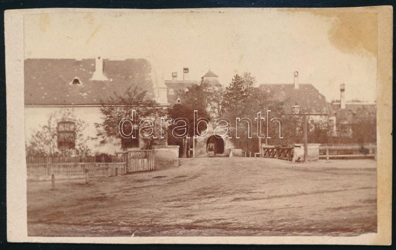 cca 1870 Mosonmagyaróvári utcakép, Skopáll Műterem jelzés nélküli fotója, az egyik sarka foltos, 6x10 cm