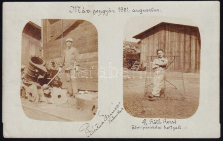 1901 Bp., MÁV Gépgyár (MÁVAG) munkásainak fényképe, feliratozott fotólap, megírva és postázva, 14x8,5 cm
