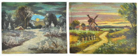 2 db Olvashatatlan jelzéssel: Szélmalom és Havas táj. Olaj, karton, 20x25 cm