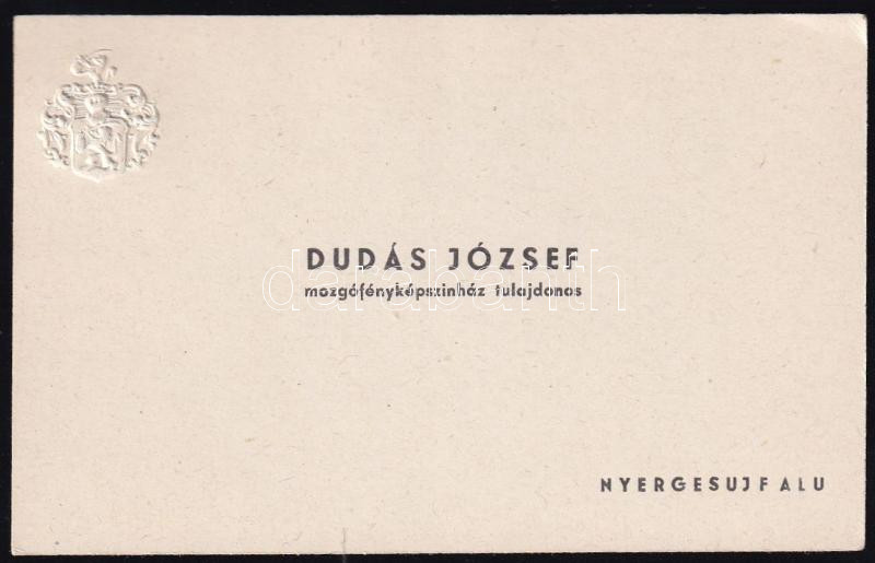 cca 1930 Nyergesújfalu, Dudás József mozgófényképszínház tulajdonos névjegykártyája