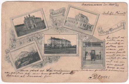1900 Nagyvárad, Oradea; Ortodox zsidó templom (zsinagóga), Bihar megyei múzeum, Nyári színház, Ferenc József huszárlaktanya, Sonnenfeld Adolf üzlete és saját kiadása / Orthodox synagogue, museum, theatre, K.u.K. military hussar
