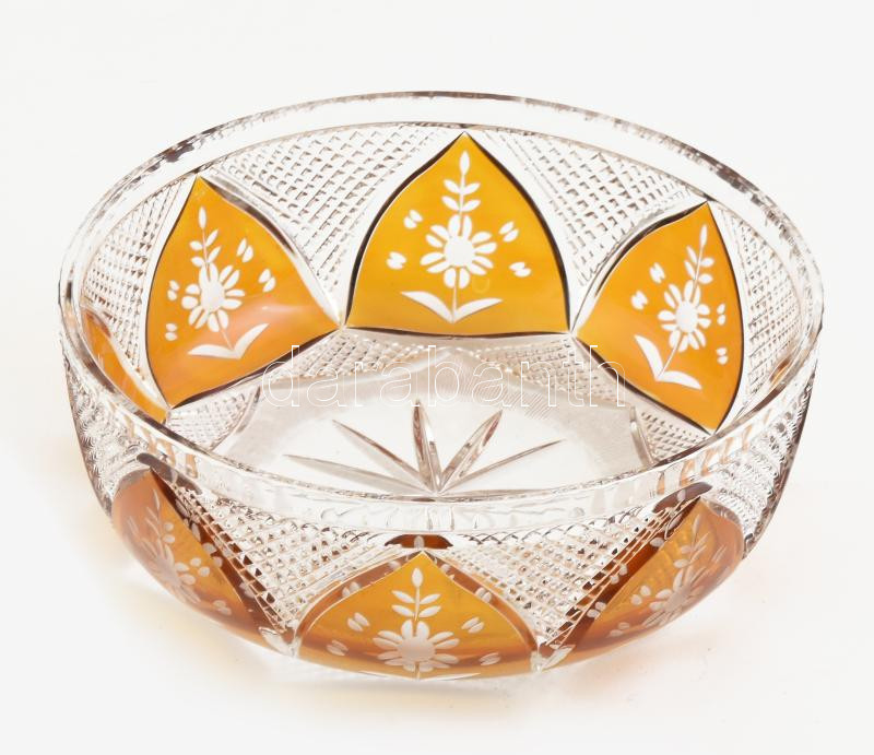Dekoratív sárga ólomkristály, tál, hibátlan, d: 21,5 cm