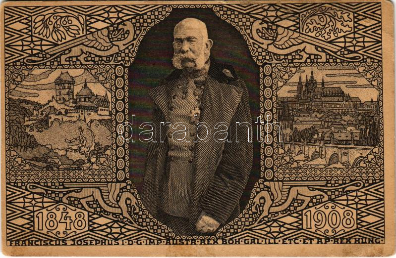 1848-1908 Franciscus Josephus I.D.G. Imp. Austr. Rex Boh.Gal.Ill. Etc. et. Ap. Rex Hung. / Ferenc József uralkodásának 60. évordulója, jubileumi díjjegyes lap / Franz Joseph's 60th anniversary of reign. Art Nouveau, Viribus Unitis. 5 Heller