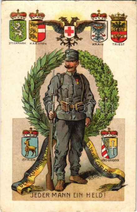 Der ruhmreichen 3ten Corps. Jeder Mann ein Held! Wohlfartskarte zu Gunsten des Roten Kreuzes / WWI Austro-Hungarian K.u.K. military art postcard, coats of arms, patriotic propaganda. Lith. u. Druck v. Aug. Matthey. Verlag M. Engler. Art Nouveau,