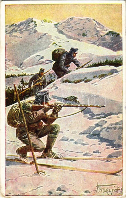 1916 Offizielle Postkarte zu gunsten der Hilfsaktion 'Kälteschutz' Nr. 390. K.H.B. / WWI Austro-Hungarian K.u.K. military art postcard, mountain infantry, soldiers on ski s: Tuszynski + 'K..K. Feldhaubitzregiment Nr. 34. Batterie 2.' (EK)
