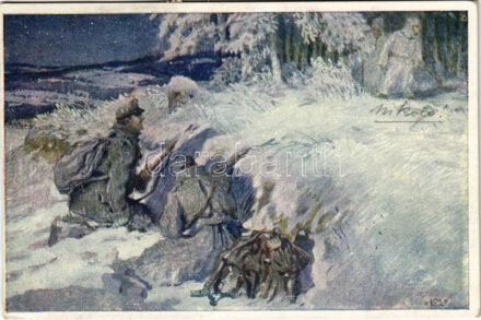 1918 Felix Pavelek, Zugsführer des k.k. Landwehrinfanterieregimentes Nr. 31. überrumpelt, mit eneim Kameraden auf Schleichpatrouille, zwei sich nähernde Russen. Aus dem goldenen Buche der Armee Serie VI. Aus 'Ehrenhalle' Heft 3. Offizielle Karte