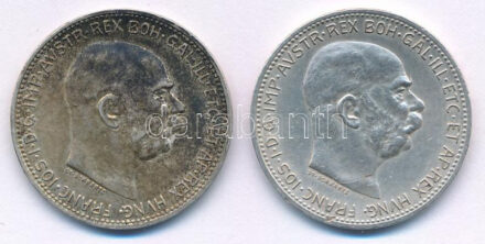 Ausztria 1914. 1K Ag 'Ferenc József' + 1915. 1K Ag 'Ferenc József' T:XF közte patina, kis ph, karc Austria 1914. 1 Corona Ag 'Franz Joseph' + 1915. 1 Corona Ag 'Franz Joseph' C:XF with patina, small edge error, scratch in it Krause KM#2820
