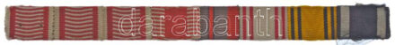 ~1914-1918. 8db összevarrt keskeny szalagsáv, közte 'Vitézségi Érem', 'Károly-csapatkereszt', 'Sebesültek Érme', 'Vaskereszt 2. osztály' (utóbbi szakadt), használt állapotban / ~1914-1918. 8pcs of miniature ribbons stitched together,