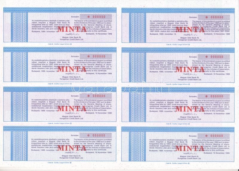 Budapest 1989. 'Magyar Hitel Bank Rt.' 10 darab részvénye összesen 500.000Ft névértékben, 'MINTA' felülbélyegzéssel, szelvényekkel, szárazpecséttel, magyar és angol nyelven T:UNC - Image 2