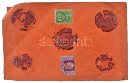 1943. Értéklevél 4019,47 Pengőről, 5,70P bérmentesítéssel, 1941. 'Horthy Miklós Kormányzó' 5P és 1943. 'Templom' 70f bélyegekkel, feltört viaszpecsétekkel, használt állapotban