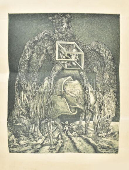 Balla Margit (1947-): Szürrealista kép. Rézkarc, papír, jelzett, sérült (törésnyomokkal), 49x39 cm