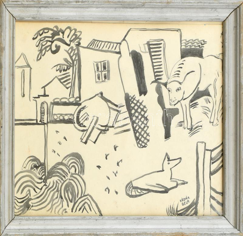 Kádár Béla jelzéssel: Vázlat II. Tus, papír. Üvegezett, sérült keretben. 28x34cm