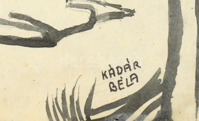 Kádár Béla jelzéssel: Vázlat II. Tus, papír. Üvegezett, sérült keretben. 28x34cm - Image 2