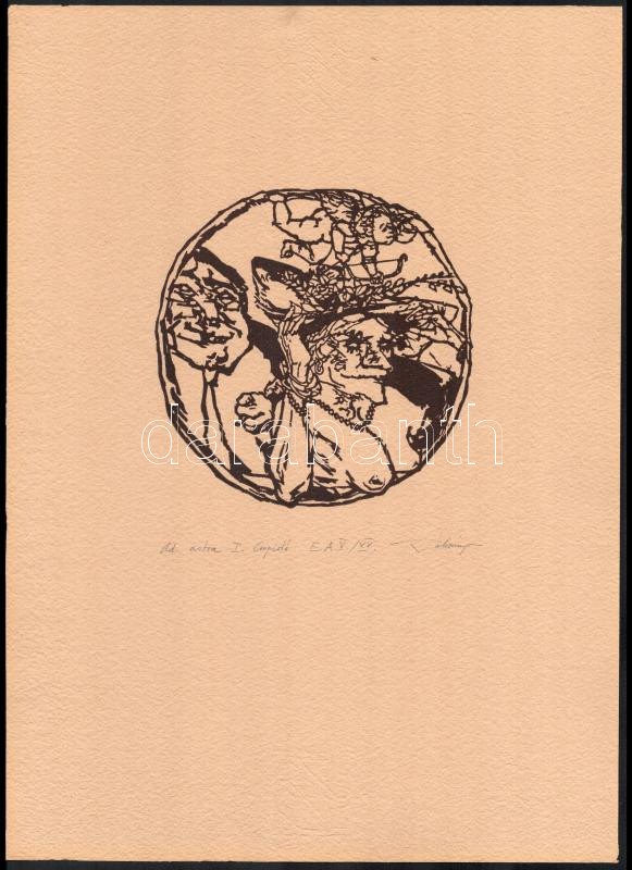 Bálványos Huba (1938-2011). Ad astra I., Cupidó. Linómetszet, merített papír, jelzett, művészpéldány E.A. V/XV számozással, d: 15 cm - Image 2