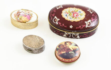 4 db gyógyszeres dobozka különféle anyagokból, egy pudriéval